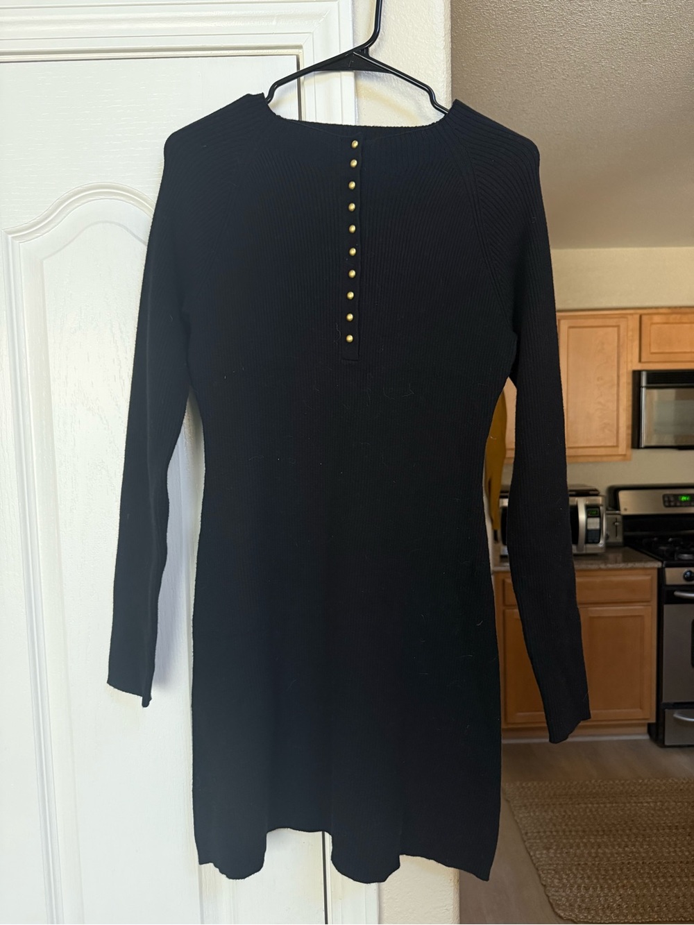 Universal Thread Black Ribbed Long-Sleeve Dress with Gold Button Placket